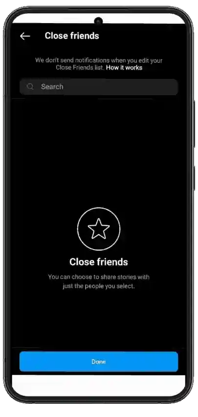 Phone image showcasing Close friends feature of Apk.